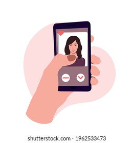 online dating illustration, long distance relationship concept, image of a beautiful girl on the phone screen