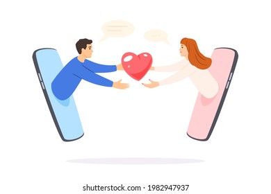 Online dating, internet relations in social networks. Man and woman on the phone, love at a distance. Search for a partner in online dating services. Vector illustration isolated