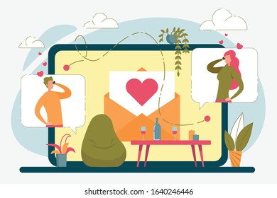 Online Dating Internet Services Application for People Looking For Romance Relationships. Man and Woman Characters Communicating, Messaging Using Computer and Smartphone. Flat Vector Illustration.