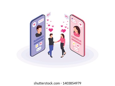 Online dating isometric color vector illustration. Real world couple in love. Social network profile website infographic. Online relationship 3d concept. Liking, socializing webpage, mobile app design