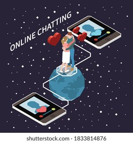 Online dating isometric composition with hugging romantic couple standing on blue globe at star night background vector illustration