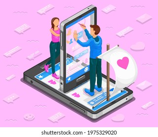 Online dating isometric concept. Teenagers chat through smartphone. Vector illustration
