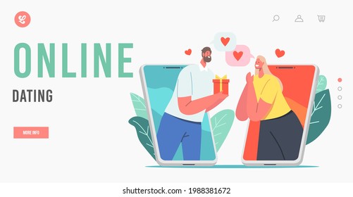 Online Dating Landing Page Template. Modern Romance Relationship. Male a Character Giving Present to Woman via Smartphone Screen in Internet, Couple Mobile Match. Cartoon People Vector Illustration