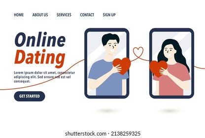 Online dating landing page template. Loving man and woman couple holding heart on phone screen. Long distance relationship, virtual love, romance concept. Flat vector character design illustrations.