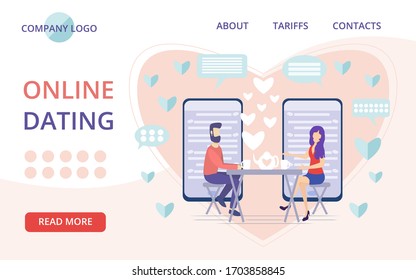 Fechas en línea para la ilustración vectorial de la página de destino. Relación de pareja conceptual de personas planas. Aplicación móvil para comunicación a distancia e introducción con parejas románticas. Chat de mensajes web