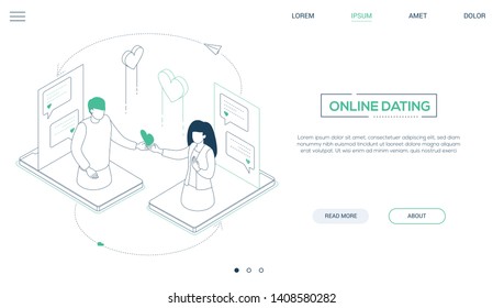 Online Dating - Line Design Style Isometric Web Banner