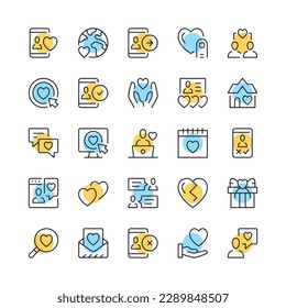 Online dating line icons. Set of internet dating icons. Black, blue and yellow colors. Modern outline graphic design. Vector line icons set