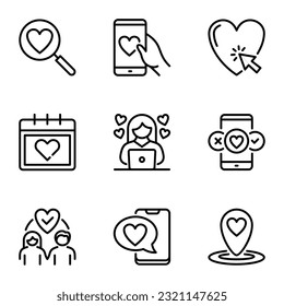 online dating line icons set. like, relationship, search, conversation, calendar, chat, meeting, romance, support, date, social, application, media, bubble, letter, message