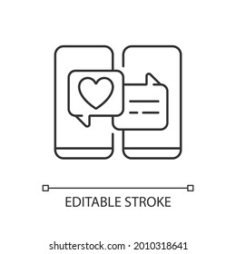 Online dating linear icon. Popular trend during pandemic. Internet interaction on romantic level. Thin line customizable illustration. Contour symbol. Vector isolated outline drawing. Editable stroke