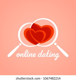 Online dating logo. Two magnifying glasses are forming a plexus of red hearts which looks like a rose. Calligraphic sign for wedding, marriage, seeking sex partner and reality show of love connection.