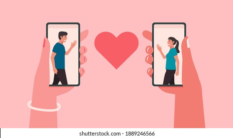 online dating or long distance relationship concept, human hands holding mobile with couple on screen app virtual love and heart shape between phone, flat vector illustration