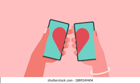 Online Dating And Long Distance Relationship Concept, Human Hands Holding Mobile Phone With Heart On Screen App Virtual Love, Flat Vector Illustration