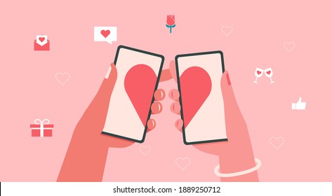 online dating or long distance relationship concept, human hands holding mobile phone with heart on screen app virtual love, flat vector illustration