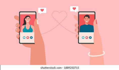 online dating or long distance relationship concept, human hands holding mobile phone with young couple on screen app virtual love, flat vector illustration