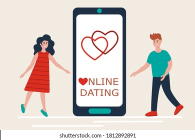 Online dating, long distance relationships, virtual love concept. Couple meeting near smartphone using mobile app for dating. Vector illustration in flat style