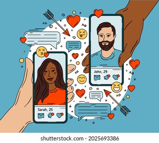 Online dating and love chat, an african-american woman and a caucasian man on the smartphone screen in their hands. A doodle-style banner on a blue background with hearts