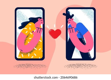 El concepto de citas y amor en línea. Pantallas de smartphones con jóvenes sonrientes felices niñas y niños sintiendo amor teniendo una cita ilustraciones vectoriales en línea 