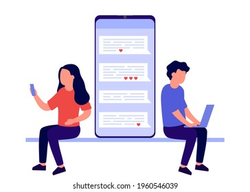 Online dating, love couple communicate distance. Couple relationship on internet message chat. Mobile application for date and introduction with romantic partners. Vector flat illustration