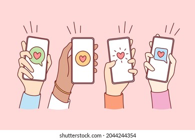 Online dating, love and mobile concept. Hands of people holding smartphones with hearts and communication chats on screens vector illustration