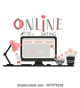Online dating. Love, relationships. Workplace with lamp, coffee, cacti and computer. Desktop. Cute vector illustration.