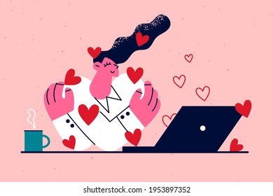 Online dating, love, romance concept. Young smiling woman cartoon character sitting hugging herself at laptop with flying hearts around feeling happy during date vector illustration