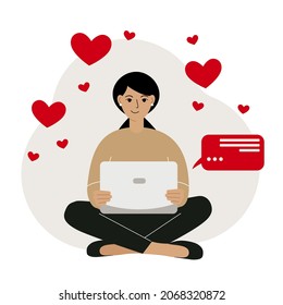 Online dating, love, romance concept. Smiling woman is sitting cross-legged with a laptop with flying hearts around, feeling happy. Conducts correspondence. Vector flat illustration
