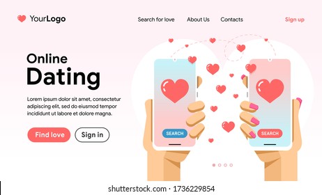 Online dating and love search. Find a couple via smartphone in the network. Phone in hand with love application and a lot of hearts. Landing page vector banner. EPS 10