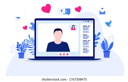 Online dating man - Laptop computer with video call showing a male person on screen with text chat in right margin. Vector illustration.
