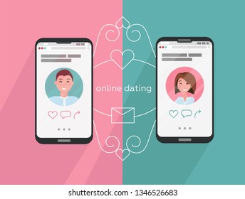 Online dating man and woman app icons on phone screen. Internet connection between couple and their smartphones. Profiles of a guy and a girl on the phone screens. Flat cartoon vector illustration