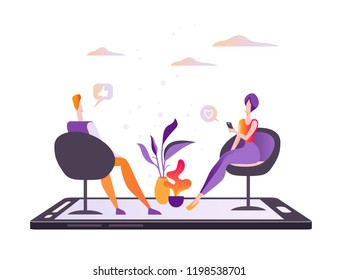 online dating, man and a woman sit in chairs on a smartphone and talk. Modern flat vector illustration isolated on white background