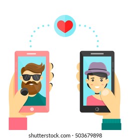 Online dating match love app heart concept. Men and women match use smarphone phone to develop relations and date. Vector modern flat cartoon character illustration. Isolated on white background