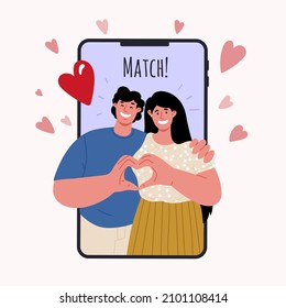 Online Dating match.Young people making heart with their fingers and smiling,love,romantic relationships.Find soul mate.Vector flat illustration