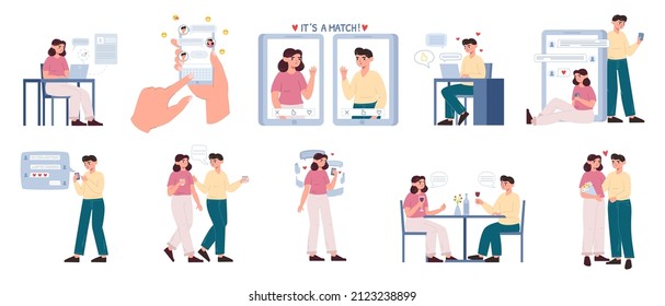 Online dating mobile app, cute couple romantic relationships. Mobile app communication, perfect match, relationship and love vector illustration set. Romantic dating app, virtual talking