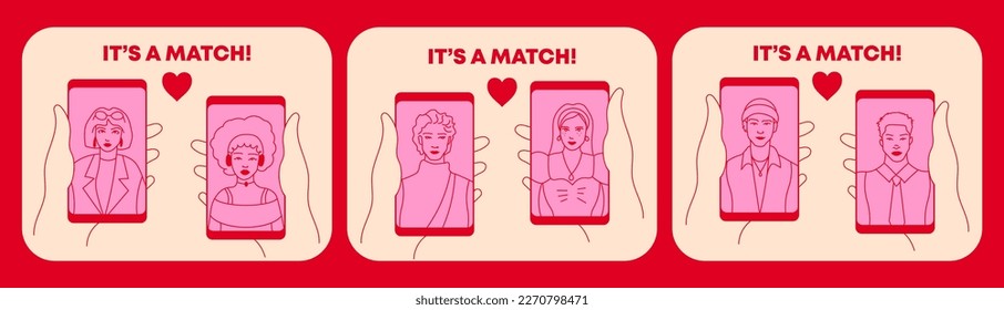 Online dating mobile app set. It's a match. Young man and woman searching for love with a Mobile phone application. Cartoon retro Doodle style vector illustration