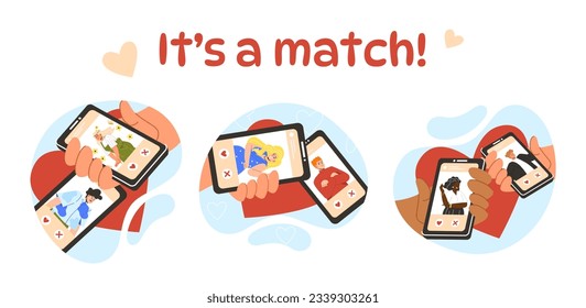 Juego de aplicaciones móviles de citas en línea. Hombres y mujeres se reúnen en las redes sociales. Amor y romance en línea. Reunión y comunicación. Colección vectorial plana de dibujos animados aislada en fondo blanco