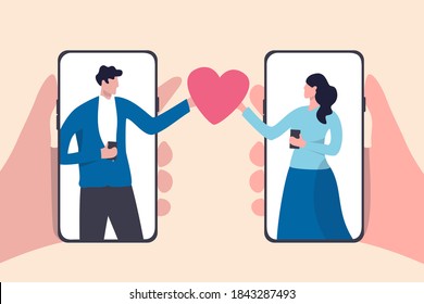 Online dating mobile application, using digital dating service to find lover or relationship concept, young couple millennial man and woman using smart phone application and holding romantic heart.