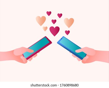 Online dating mobile application vector concept: Two hands holding mobile phones surrounded by hearts