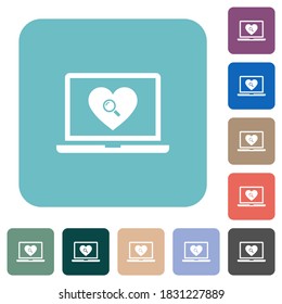 Online Dating on laptop white flat icons on color rounded square backgrounds