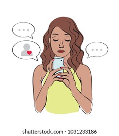 Online Dating on mobile chat app
Dark skinned young woman holding cellphone with speech bubbles around. Online dating, virtual romance. Isolated vector illustration.