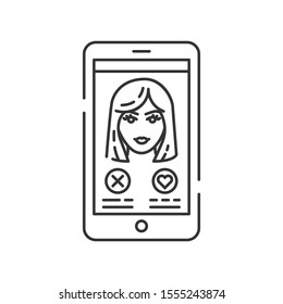 Online dating on smartphone screen color line icon. Blond women profile information element. Virtual dating.