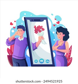 Online Dating On Valentine's Day using modern style vector view