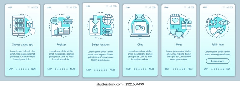 Online dating onboarding mobile app page screen vector template. Choose, register, chat, meet, fall in love website instructions with linear illustrations. UX, UI, GUI smartphone interface concept