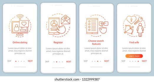 Online dating onboarding mobile app page screen vector template. Register, choose search features, find wife website instructions with linear illustrations. UX, UI, GUI smartphone interface concept