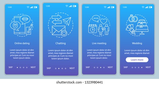 Online dating onboarding mobile app page screen vector template. Chatting, live meeting, wedding website instructions with linear illustrations. Matchmaking. UX, UI, GUI smartphone interface concept