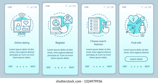 Online dating onboarding mobile app page screen vector template. Register, choose search features, find wife website instructions with linear illustrations. UX, UI, GUI smartphone interface concept
