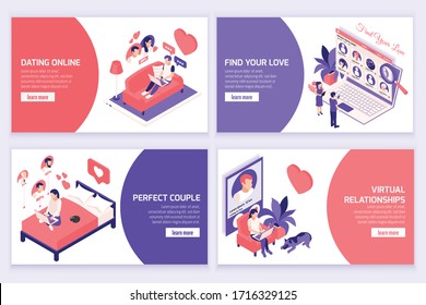 Online dating perfect relationship match virtual love concept 4 chatting couples isometric compositions website app vector illustration 