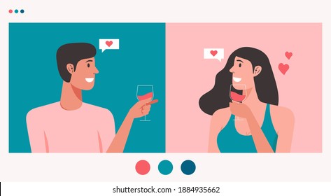 online dating platform concept, young couple holding wine glasses meeting on social networking with long distance relationship and virtual love, flat vector illustration