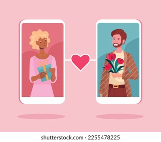 Online dating platform. Man with flowers and woman with gift on screen of smartphone, gadgets and devices. Communication in social networks. Romace and love. Cartoon flat vector illustration