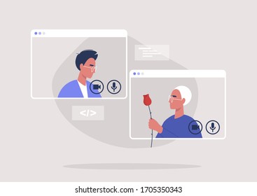 Online dating platform, modern  romance: two gay characters chatting via video call, millennial relationships