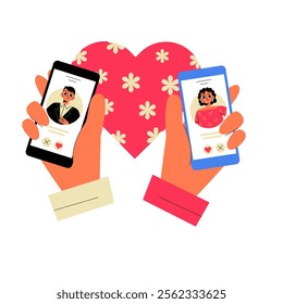 Online Dating Profiles With Hands Holding Smartphones In Flat Vector Illustration Symbolizing Love, Connection, And Modern Relationships, Isolated On White Background